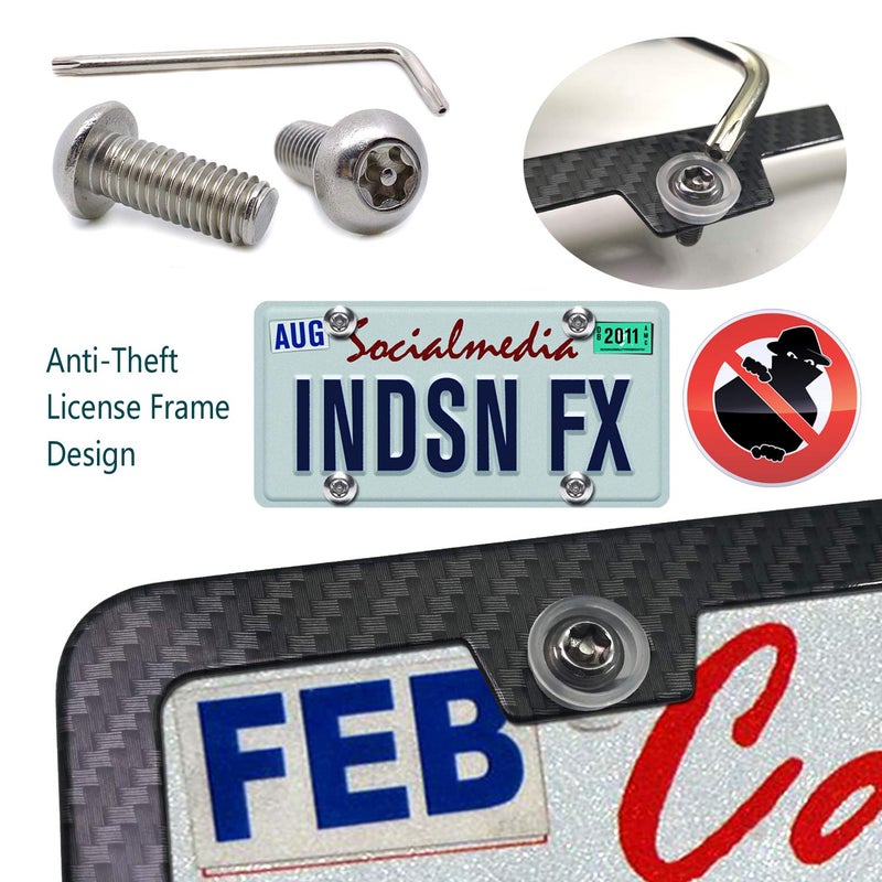 Aootf Carbon Fiber License Plate Frames- Anti Theft Black Aluminum Printed Carbon Patterns for Front Rear Car Tag Holder, with Stainless Steel Mount Hardware Kit- Locking Security Screws Bolts, Caps - Image 2